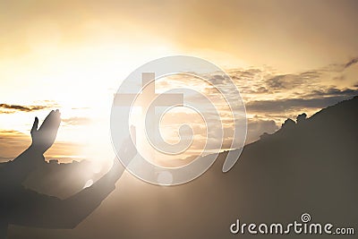 Human hands raising hand while praying to jesus Stock Photo