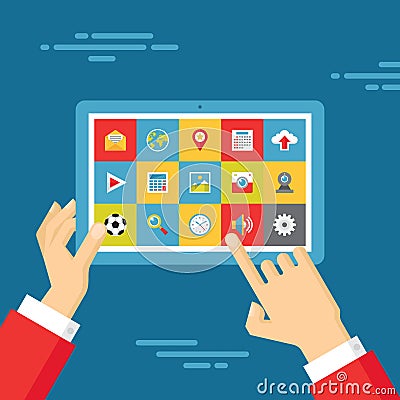 Human Hands with Tablet and Icons Set - Business Trend Illustration in Flat Design Style Vector Illustration