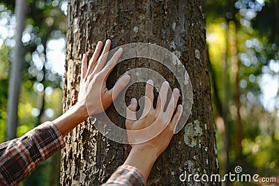 Human hands touching tree green forest in tropical woods, hug tree or protect environment, co2, net zero concept, pollution or Stock Photo