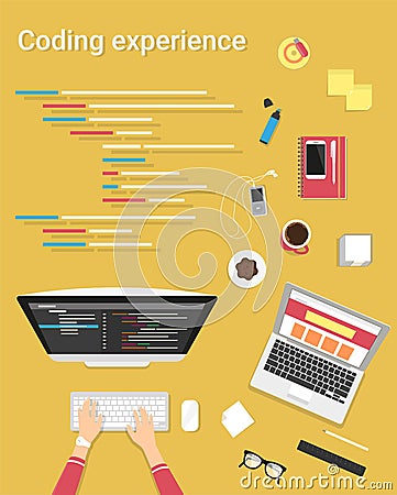 Human hands typing on the computer keyboard and programming Vector Illustration