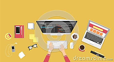 Human hands typing on the computer keyboard and programming Vector Illustration