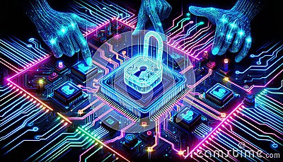 human hands using digital padlock on digital microcircuits background to secure data. Cyber security Stock Photo