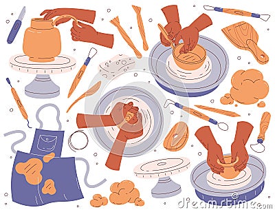 Human hands using pottery workshop tools for clay crafting, modeling and making ceramic pot set Vector Illustration