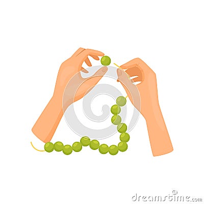 Human hands working with green beads, top view. Handmade bijouterie jewelry. Hobby and leisure. Flat vector design Vector Illustration