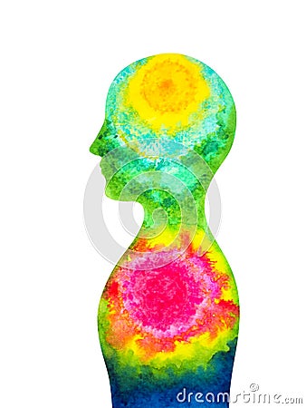 Human head abstract art mind spiritual mental health therapy watercolor painting illustration design drawing energy meditation Cartoon Illustration