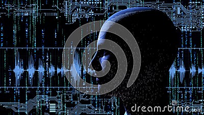 Human head with binary code at matrix background with electronic circuits Stock Photo