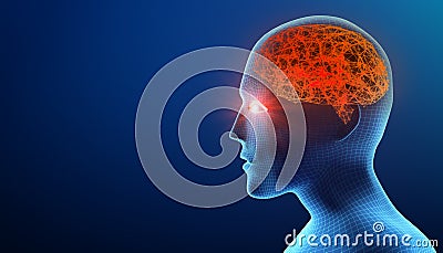 Human head with brain. Alzheimer`s disease. Wireframe model Cartoon Illustration