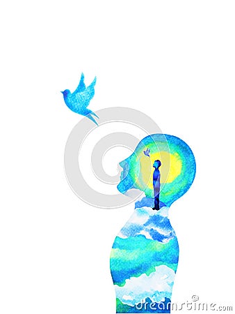 Human head, chakra power, fantasy abstract thinking, world, universe inside your mind, watercolor painting Stock Photo