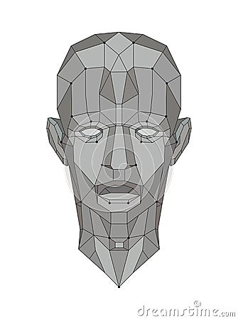 Human head created in low poly style. Man face polygon light. Intelligence allegory AI. Facial Recognition System concept. Stock Photo