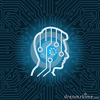 Human Head Digital Thinking Icon Over Blue Circuit Motherboard Background Vector Illustration