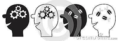 Human head face big icon set. Black line silhouette. Gears wheels inside brain. Team work business concept. Cockroach bugs. Vector Illustration