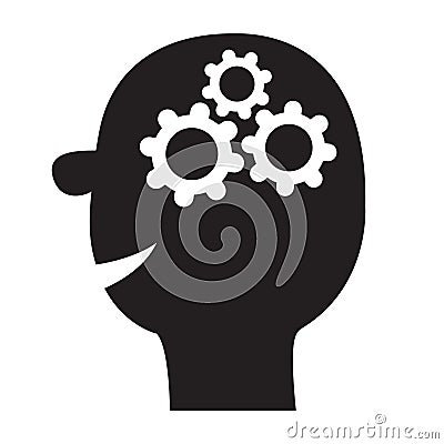 Human head face icon Black silhouette. Gears wheels inside brain. Team work business concept. Thinking process. Flat design. White Vector Illustration