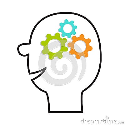 Human head face icon. Line silhouette. Gears wheels inside brain. Team work business concept. Thinking process. Flat design. White Vector Illustration