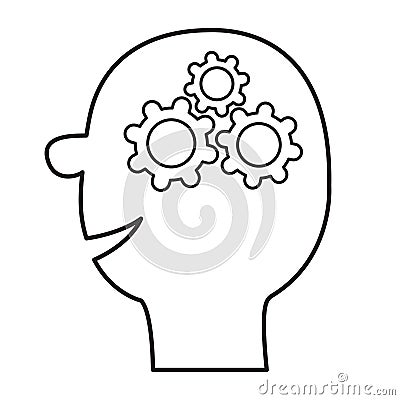 Human head face. Line silhouette. Gears wheels inside brain. Team work business concept. Thinking process. Flat design. Isolated. Vector Illustration