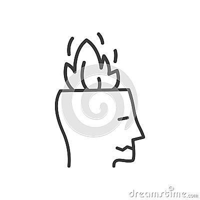 Human head in fire vector outline icon in doodle style. Man or woman feeling stress at work, anger. Concept of emotional Vector Illustration