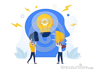 Human head with gear wheels inside and man putting power plug into socket. Concept of productivity effectiveness Vector Illustration