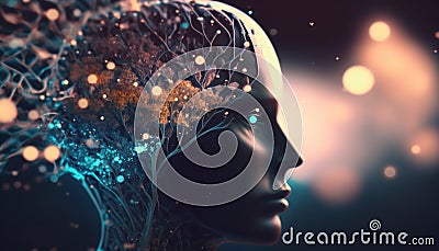 Human head with glowing neurons in the brain Stock Photo