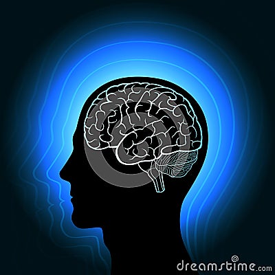 A human head with a glowing outline of the brain and radiating from her in waves Vector Illustration
