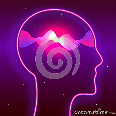 Human head and glowing waves inside. Mindfulness, brain power, meditation concept. Biohacking, neurobiology illustration Vector Illustration