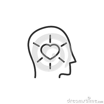 Human head linear silhouette with a heart inside. Empathy vector outline icon. Kindness, compassion, fall in love Vector Illustration