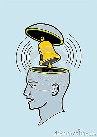 Human head. A man`s brain is open. Abstract form of an open human head. Profile man. Thoughts. A bell, Ringing in the head. Vector Illustration