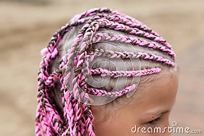 Human head with pink dreadlocks hairstyle, young Caucasian girl, close-up view Stock Photo