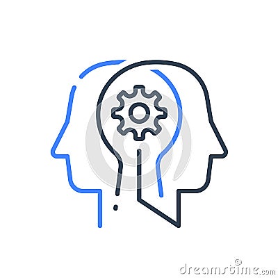 Human head profile and cogwheel line icon, cognitive psychology or psychiatry concept, brain training Vector Illustration
