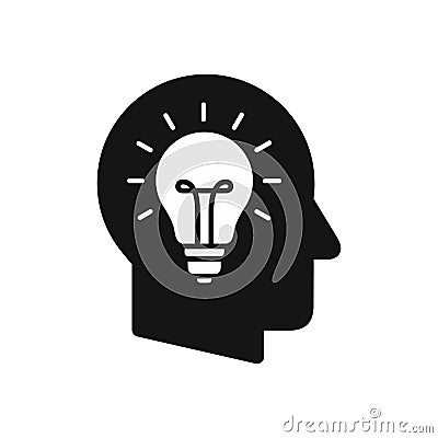 Human head profile with light bulb symbol, creative idea concept simple black icon Vector Illustration