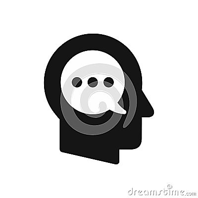 Human head profile with speech bubble symbol, inner monologue, thoughts concept simple black icon Vector Illustration