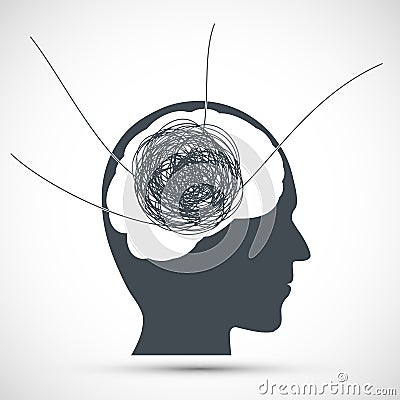 Human head with a tangled ball of thread Vector Illustration