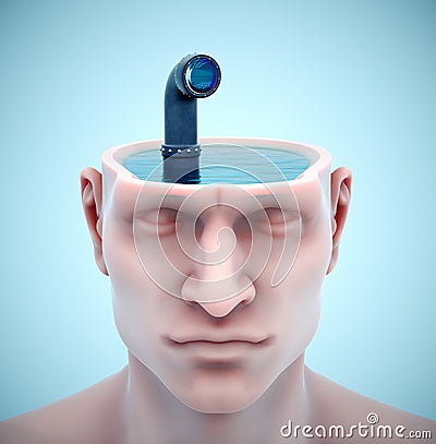 Human head with water inside and a periscope. Concept of psych, surveillance, mental concentration or analysis Cartoon Illustration