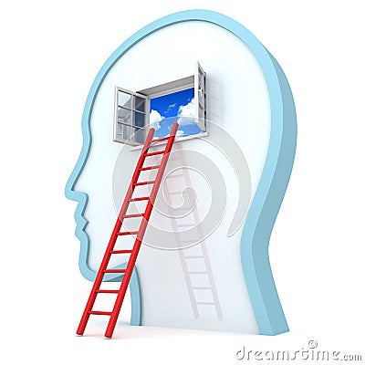 Human head withred ladder to opened sky window Stock Photo