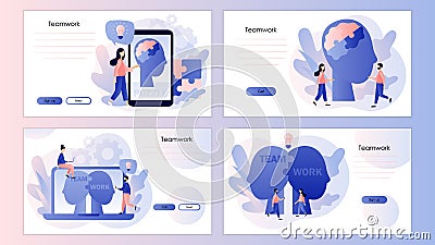 Human heads puzzle. Mental health. Mutual understanding. Psychology, memory, logic. Business, teamwork. Screen template Vector Illustration