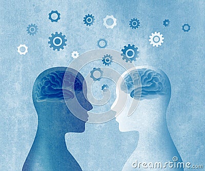 2 human heads in silhouette profile with brain and gears. Group therapy. Neuroscience or neurology seminar Stock Photo