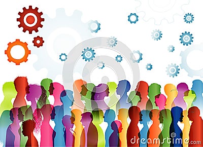 Human heads silhouette in profile with gears. Different or diverse people. Training course. Group therapy. Seminary. Neuroscience. Stock Photo