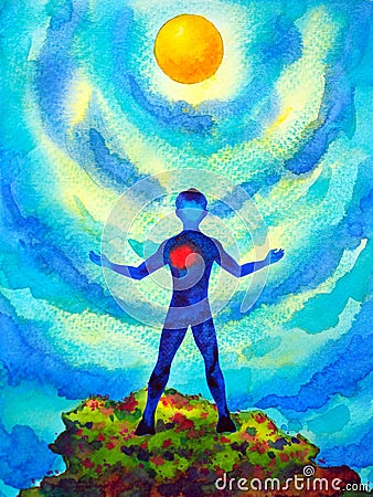 Human heal heart love spirit mind health spiritual mental energy connect to the universe power abstract art watercolor painting Cartoon Illustration