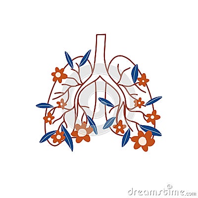 Human healthy floral lungs. Line art poster Vector Illustration