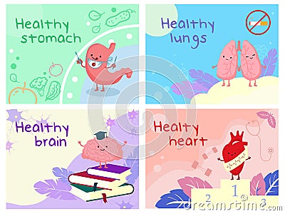 Human healthy organ vector illustration, cartoon happy heart winner, cute stomach or brain, happy lungs organ character Vector Illustration