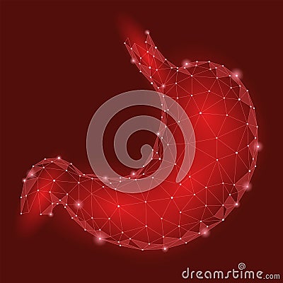 Human healthy stomach. Internal digestion organ. Low poly connected dots red triangle future technology design background m Cartoon Illustration