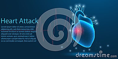 Human Heart attack medical organ. low poly wireframe theme concept on blue background. Illustration Stock Photo