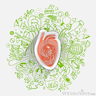 Human heart concept about healthy lifestyle and longevity with sketched elements Vector Illustration