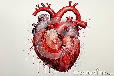 Human heart depicted in watercolor, standing out against a white canvas Stock Photo