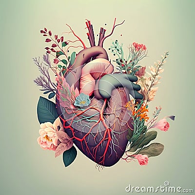 Human heart with flowers, love and emotion concept, good hearted person, help and charity Stock Photo