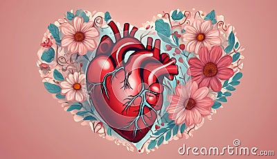 Human heart with flowers, love and emotion concept, good hearted person, help and charity Cartoon Illustration