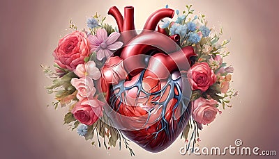 Human heart with flowers, love and emotion concept, good hearted person, help and charity Cartoon Illustration