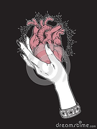 Human heart in graceful female hand isolated. Sticker, print or blackwork tattoo hand drawn vector illustration Vector Illustration