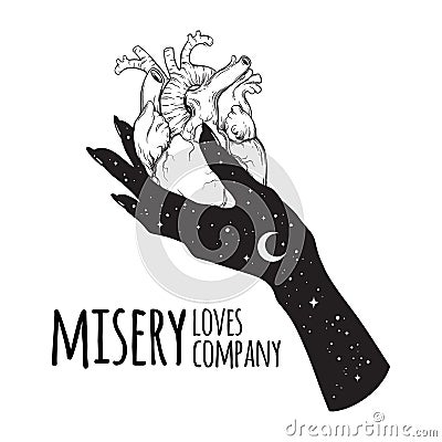 Human heart in hand of misery, obscurity, depression. Misery loves company. Vector Illustration