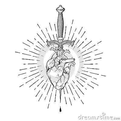 Human heart pierced with ritual dagger in rays of light isolated on white background hand drawn vector illustration Vector Illustration