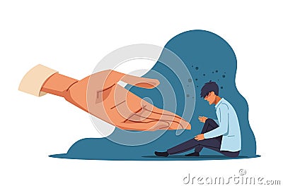 Human help. Anxiety person in depression and supporting hand. Confused man sitting on the floor. Mental health and human Vector Illustration