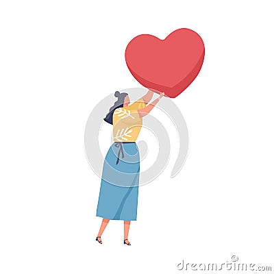 Human holding big red heart in hand as symbol of love. Concept of charity, hope, solidarity and compassion. Woman Vector Illustration